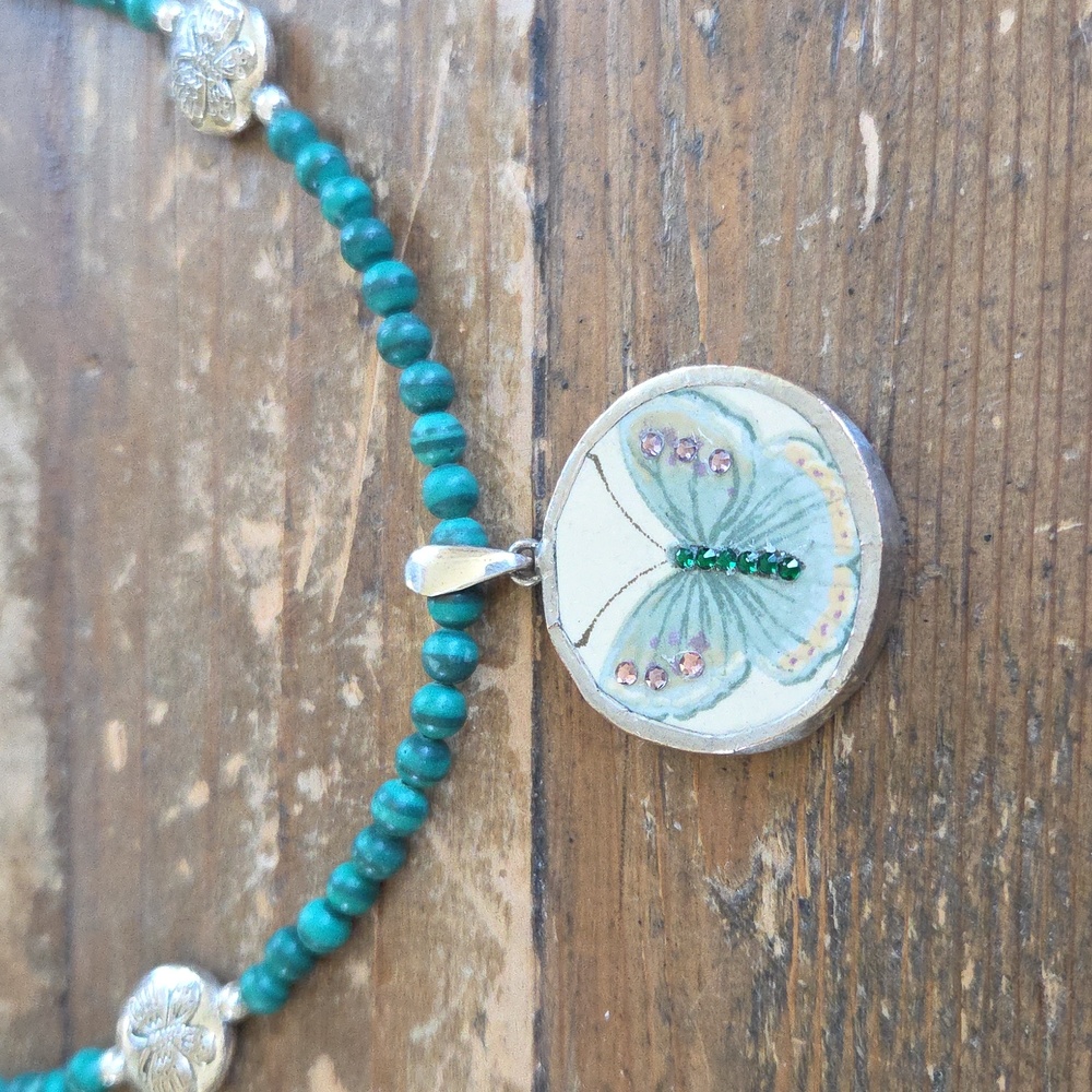 Broken China Butterfly Necklace 20 inches